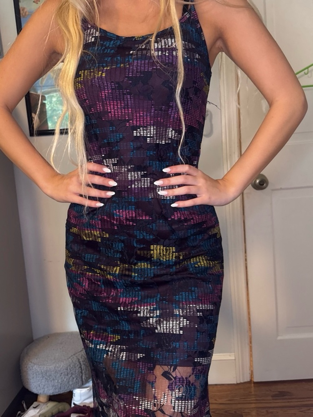 Fire Los Angeles Multicolor Sheer Overlay Maxi Dress in Purple, Blue, Pink, Gold